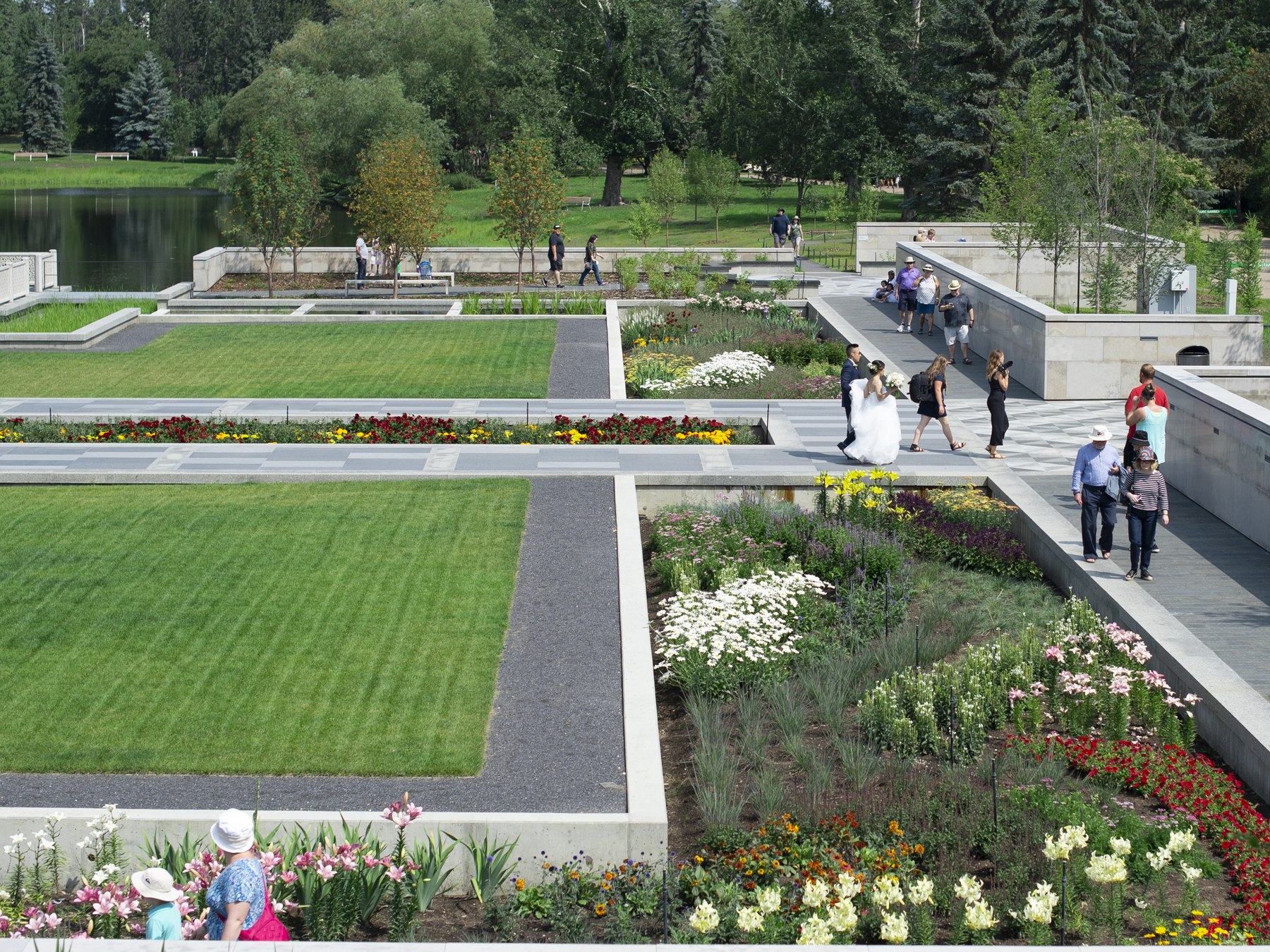 Aga Khan Garden — formal axis, perennial borders, and visitors